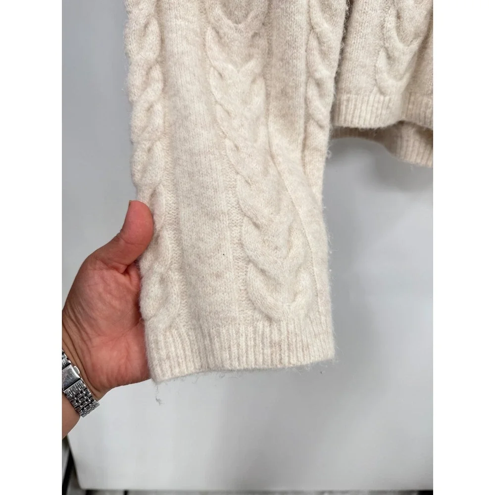 Joie Large Cable Knit Sweater Womens Oatmeal Beige Crew Neck Wool Blend CV172501